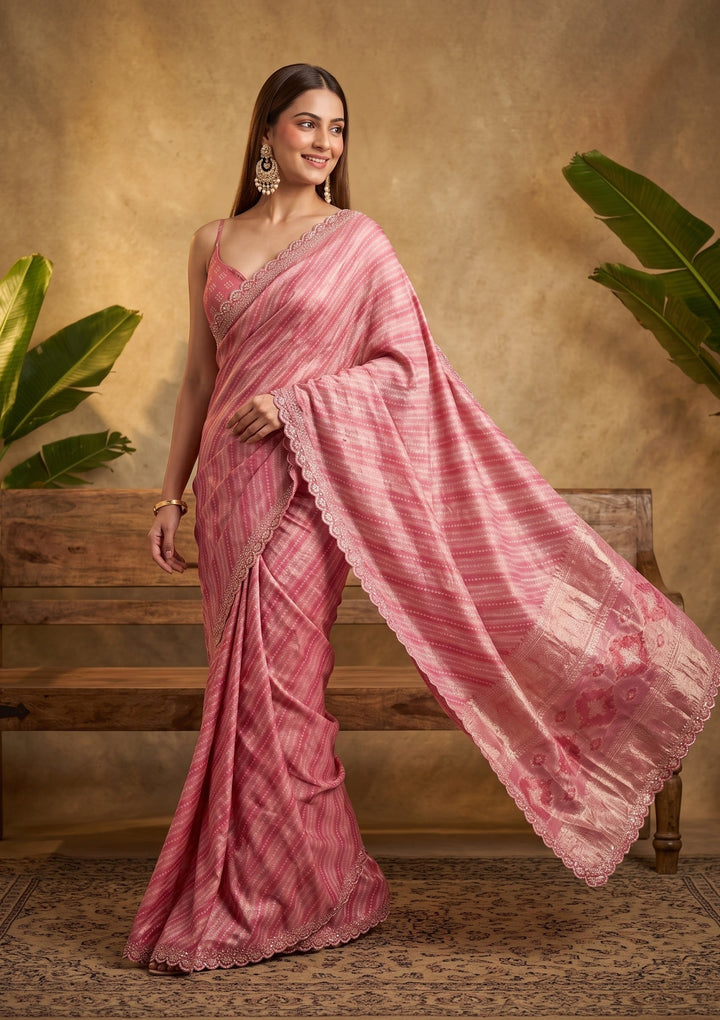 Baby Pink Stonework (Gold) Organza Saree With Matching Blouse Piece