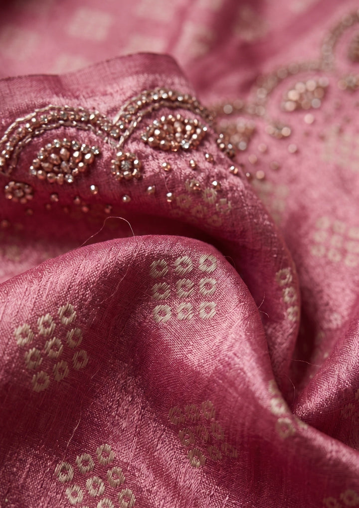 Baby Pink Stonework (Gold) Organza Saree With Matching Blouse Piece