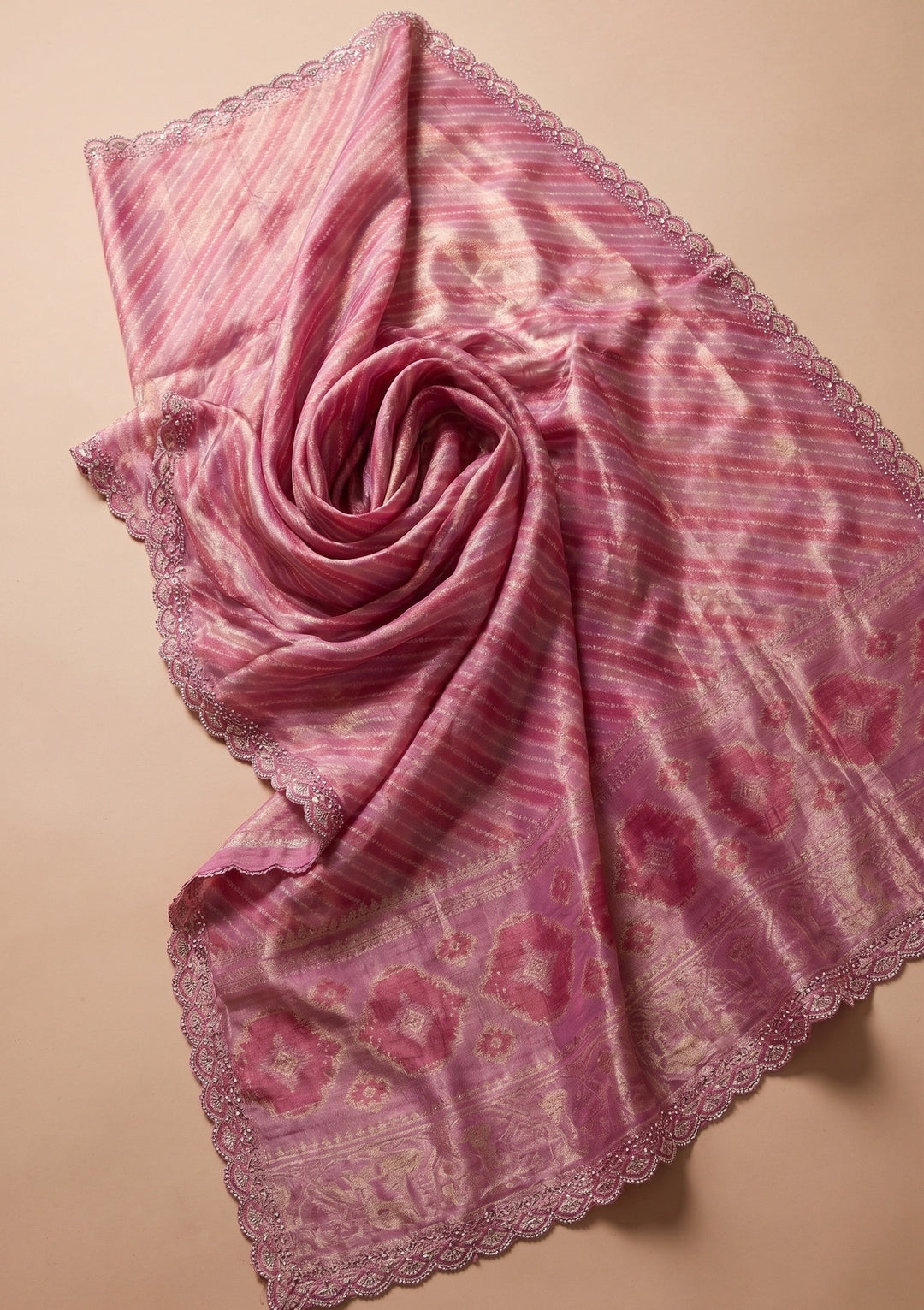 Baby Pink Stonework (Gold) Organza Saree With Matching Blouse Piece