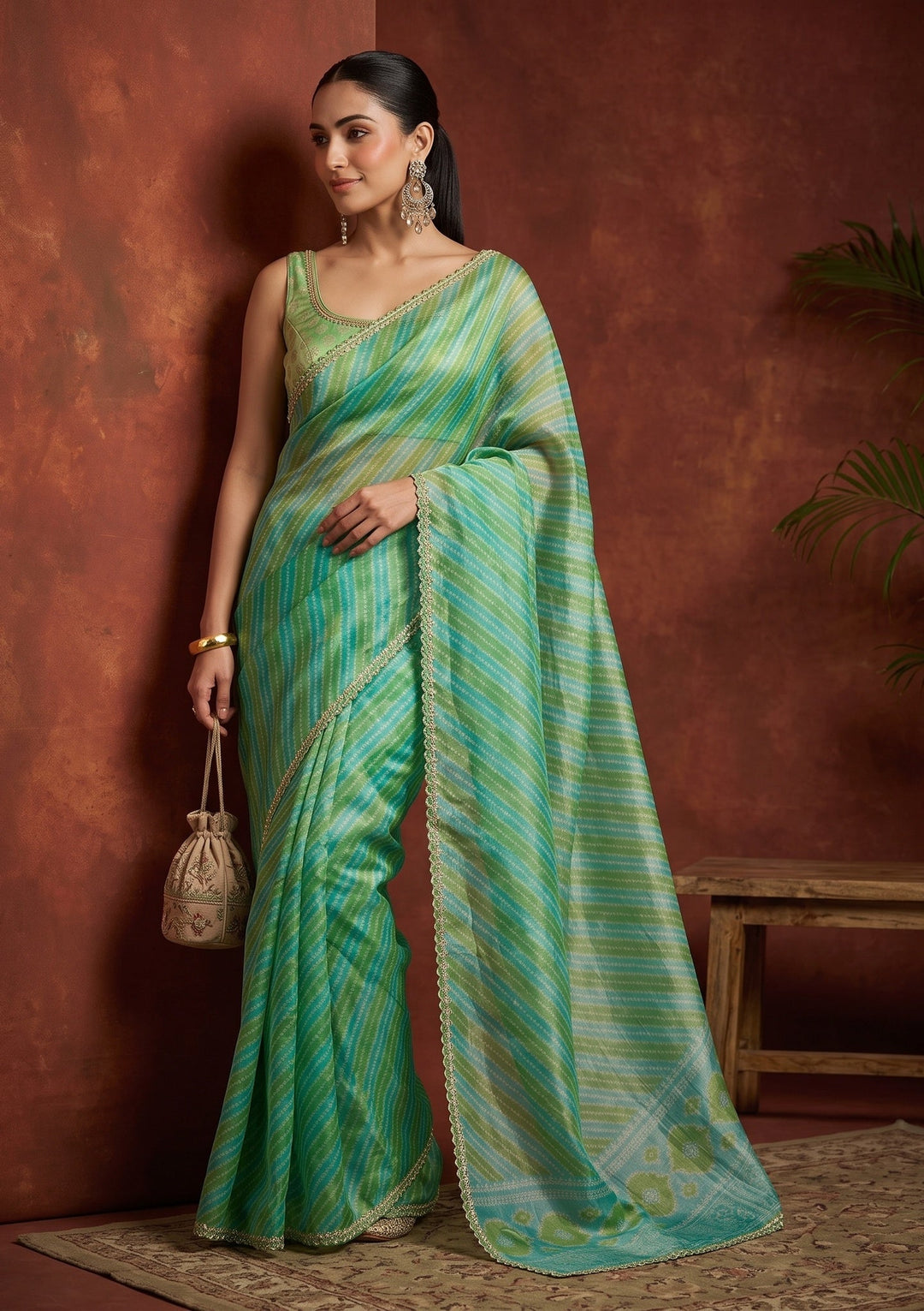Sea Green Stonework (Gold) Organza Saree