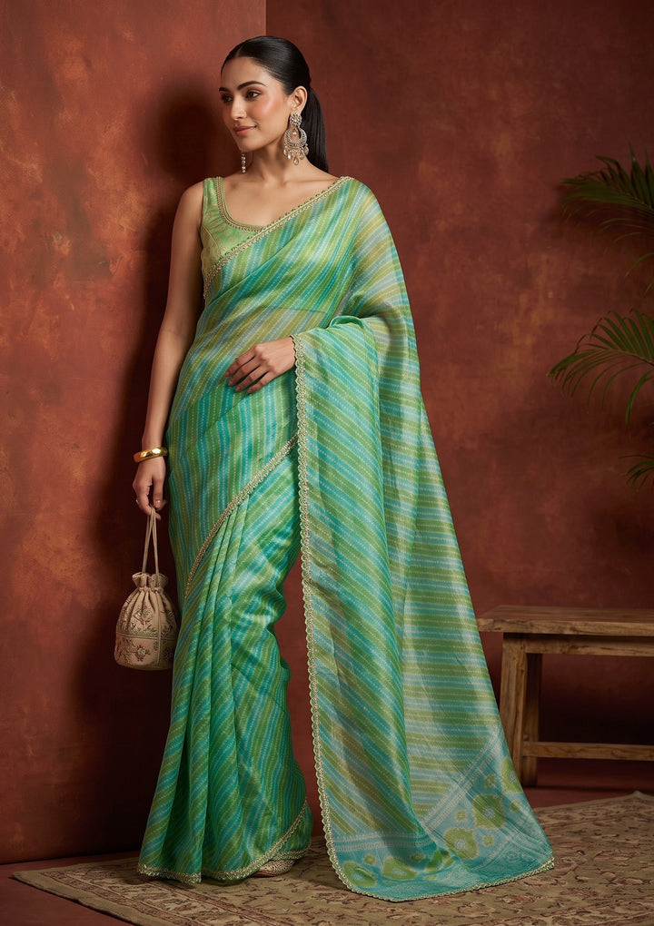 Sea Green Stonework (Gold) Organza Saree