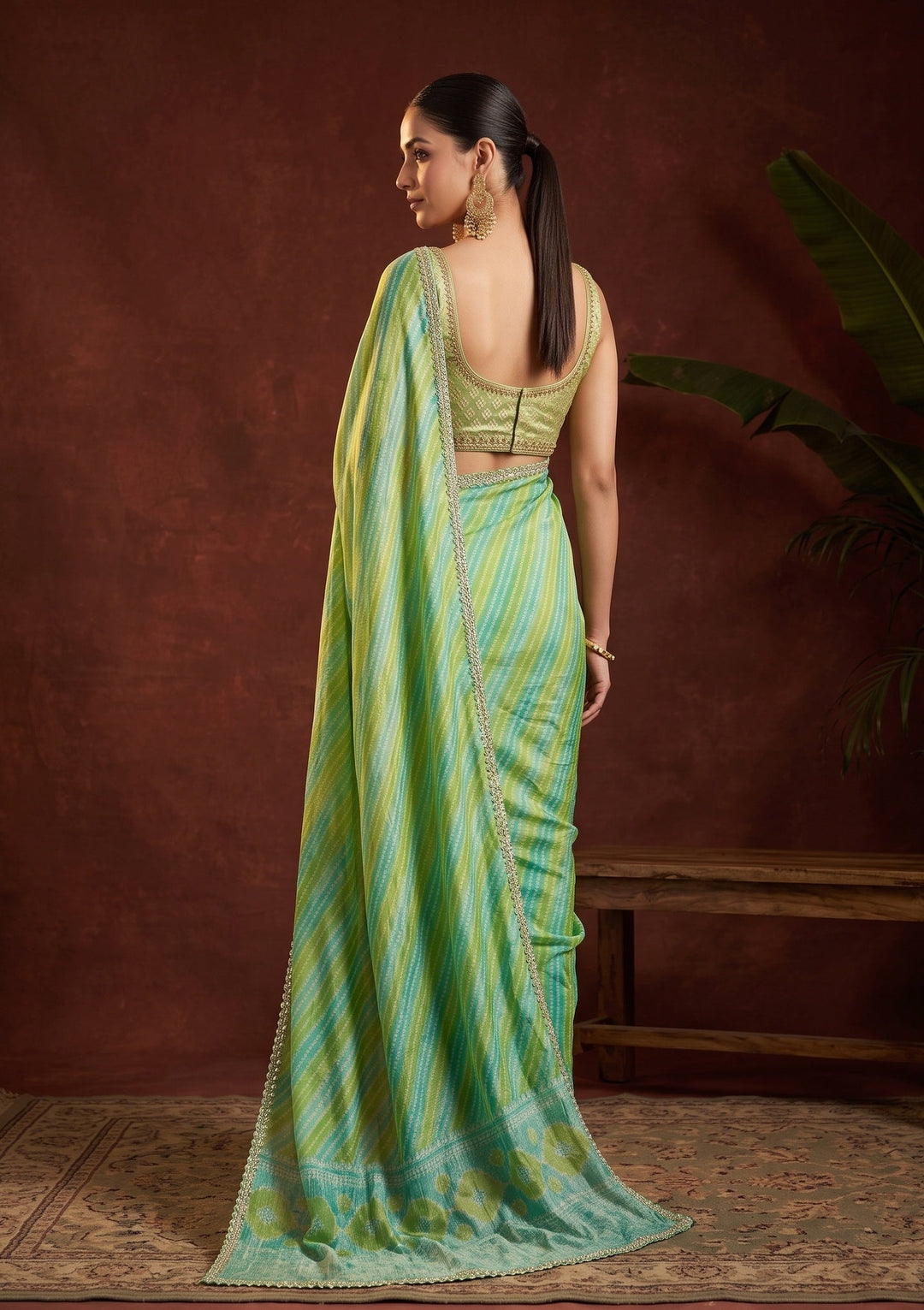 Sea Green Stonework (Gold) Organza Saree