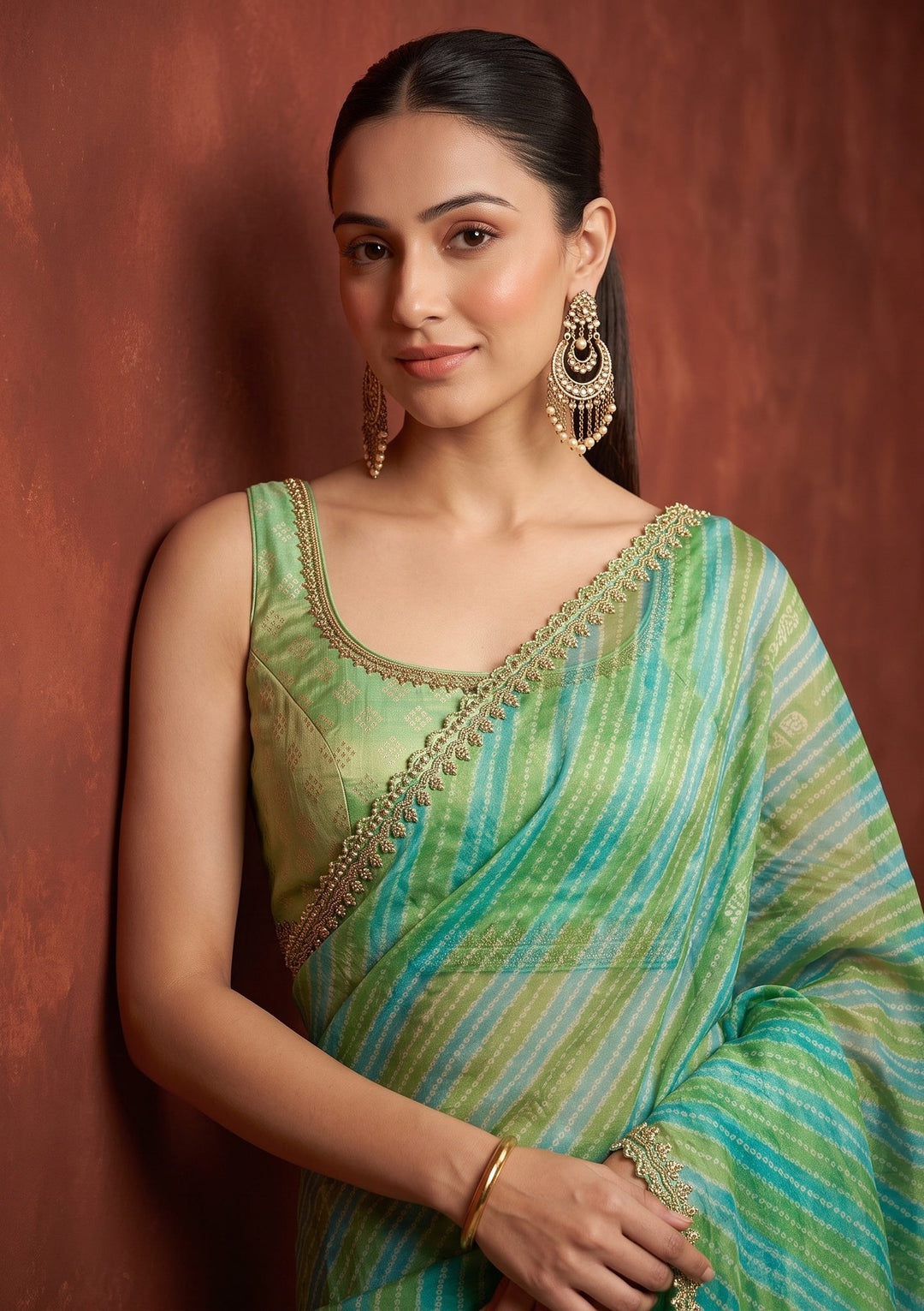 Sea Green Stonework (Gold) Organza Saree