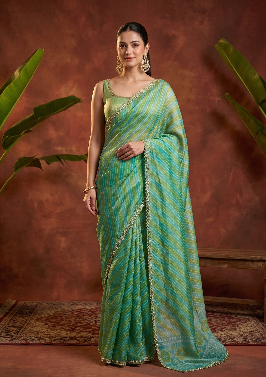 Sea Green Stonework (Gold) Organza Saree