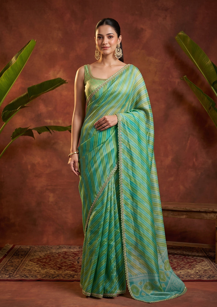 Sea Green Stonework (Gold) Organza Saree