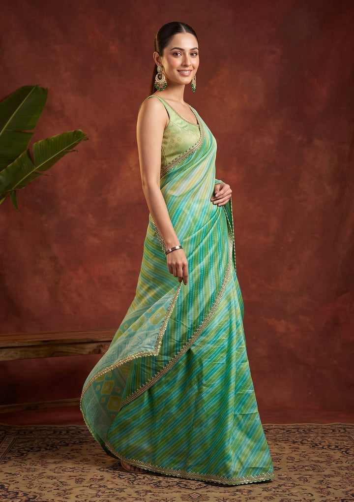 Sea Green Stonework (Gold) Organza Saree