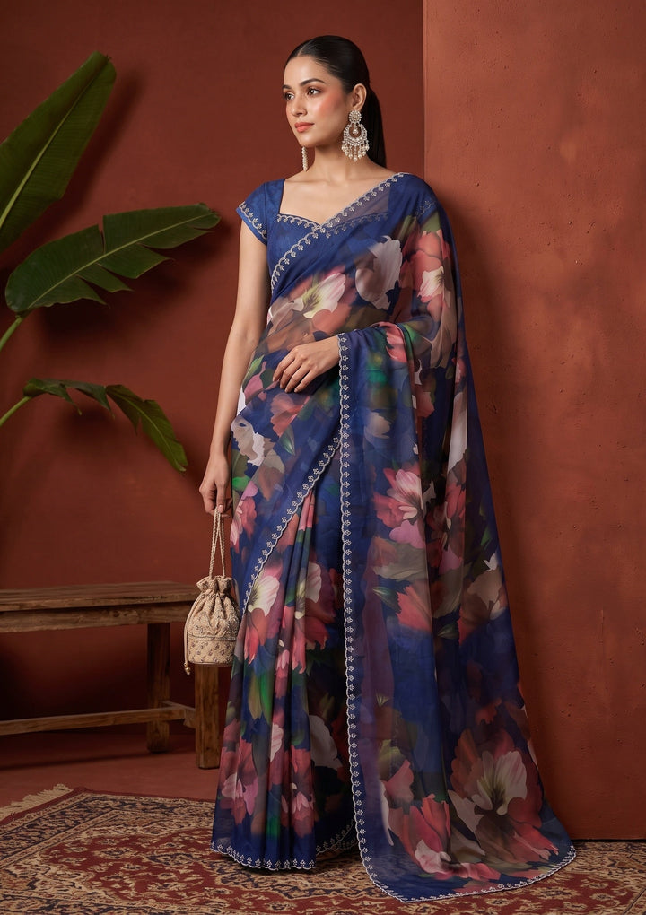 Navy Blue Stonework (Silver) Crepe Saree