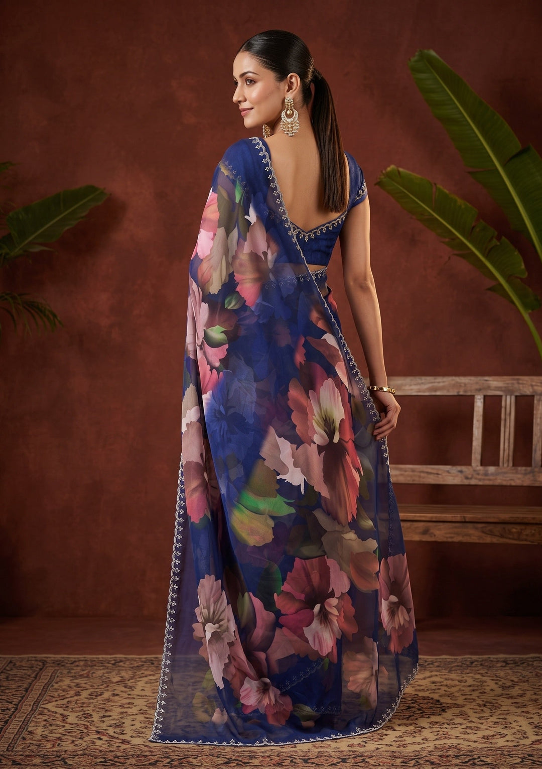 Navy Blue Stonework (Silver) Crepe Saree