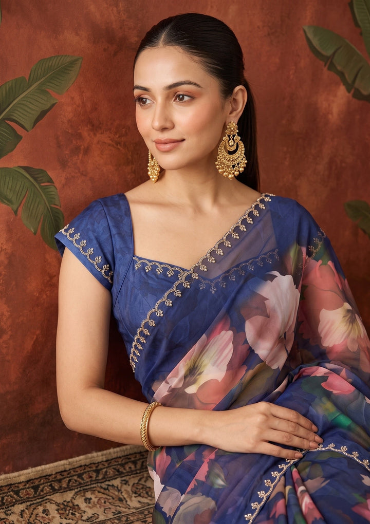 Navy Blue Stonework (Silver) Crepe Saree