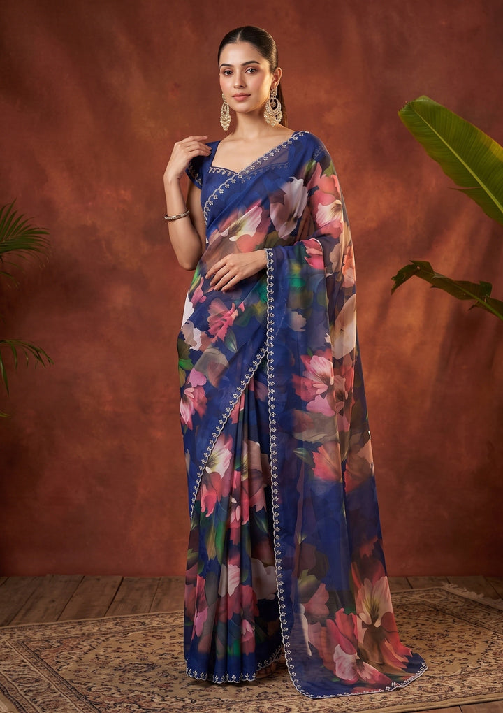 Navy Blue Stonework (Silver) Crepe Saree