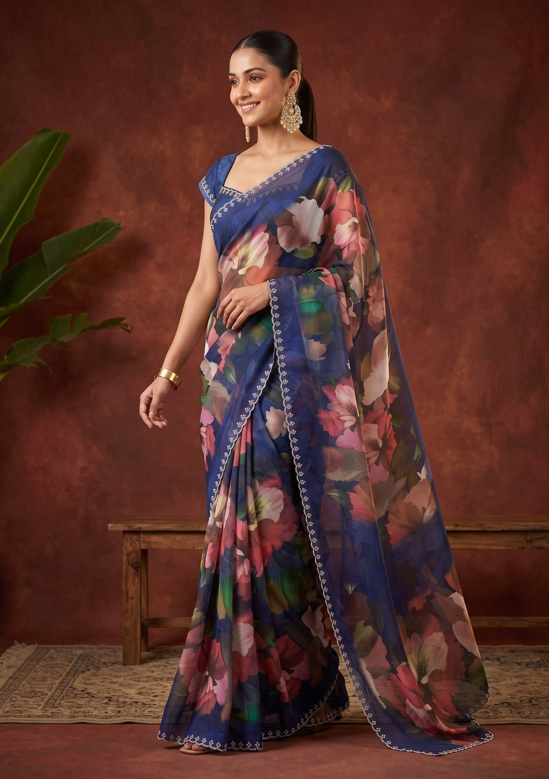 Navy Blue Stonework (Silver) Crepe Saree