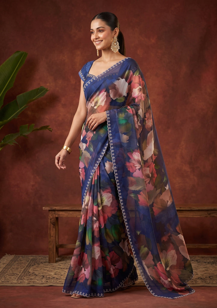 Navy Blue Stonework (Silver) Crepe Saree