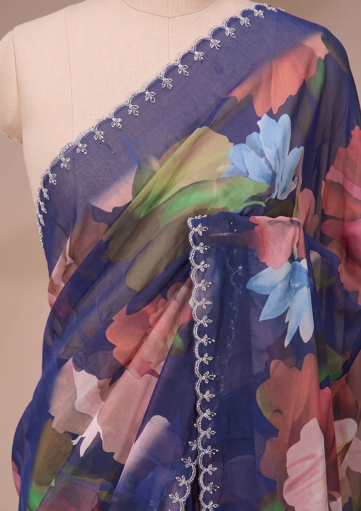 Navy Blue Stonework (Silver) Crepe Saree