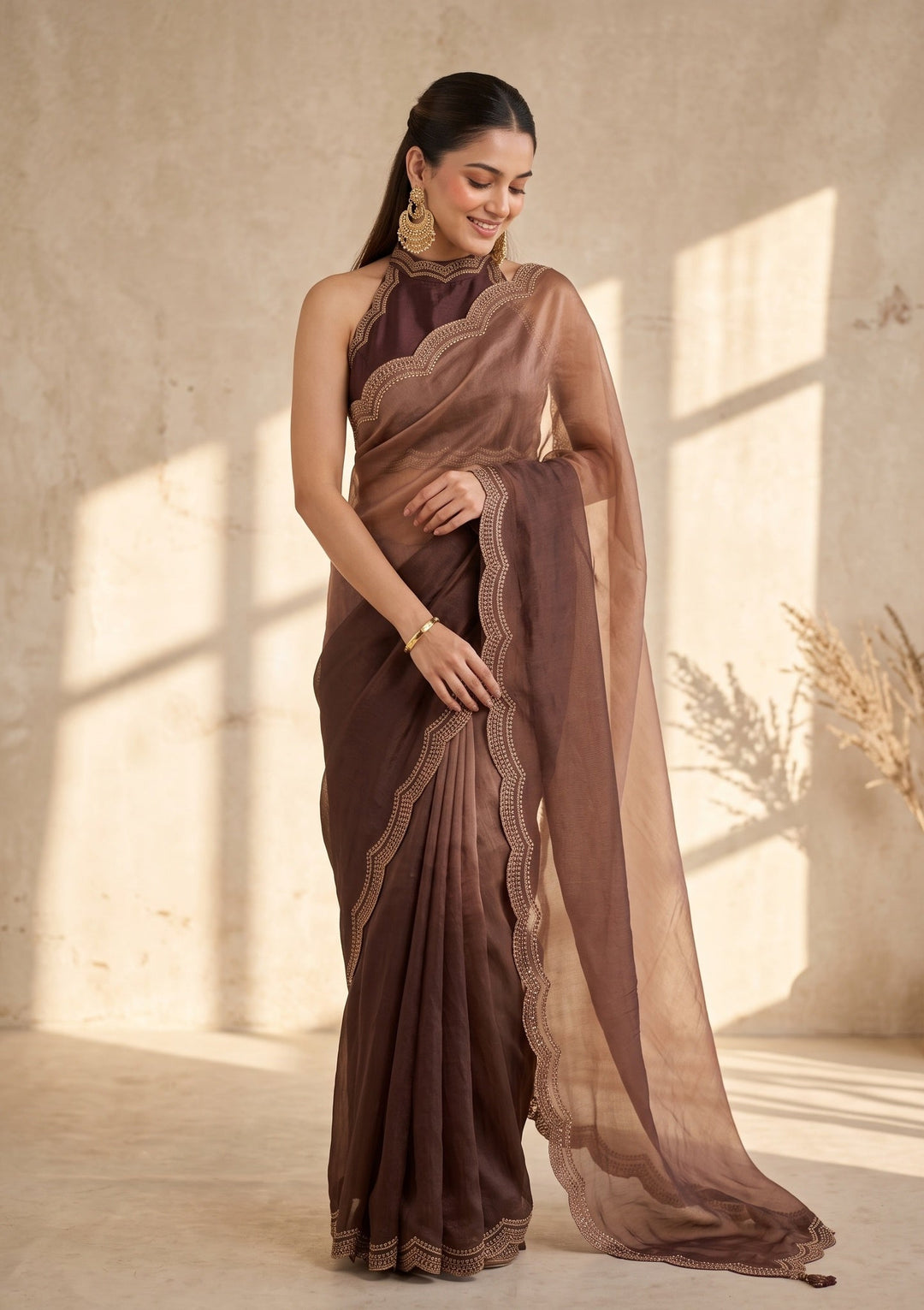 Brown Stonework (Gold) Tissue Saree