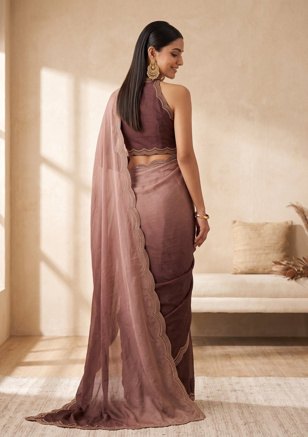 Brown Stonework (Gold) Tissue Saree