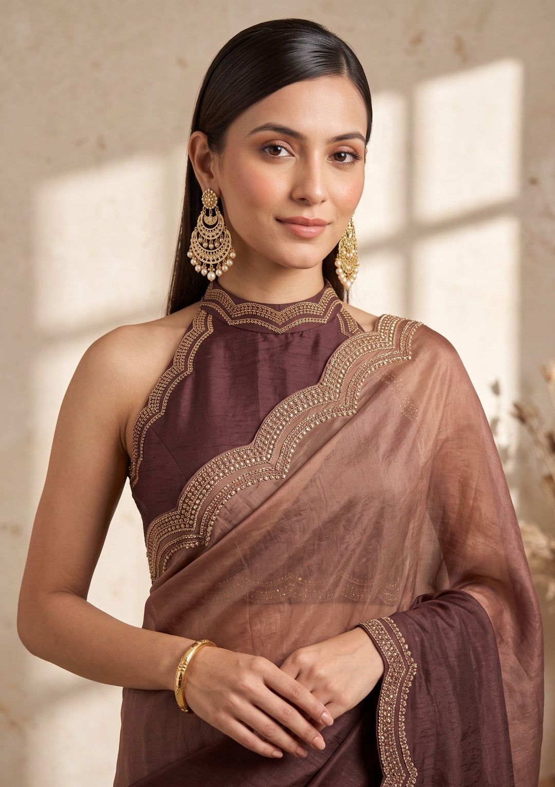 Brown Stonework (Gold) Tissue Saree