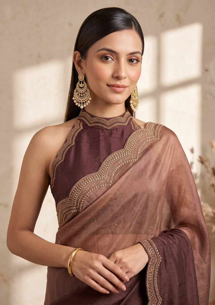 Brown Stonework (Gold) Tissue Saree