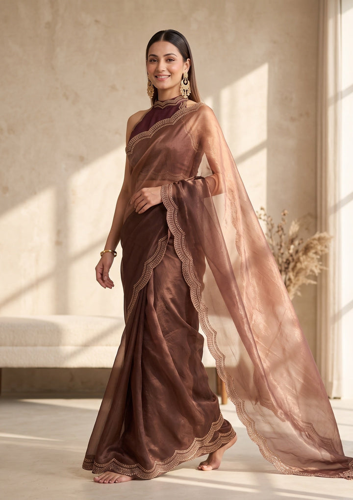 Brown Stonework (Gold) Tissue Saree