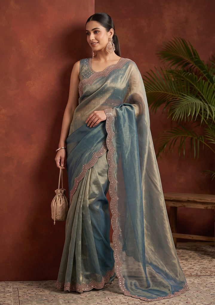 Light Grey Stonework (Gold) Tissue Saree