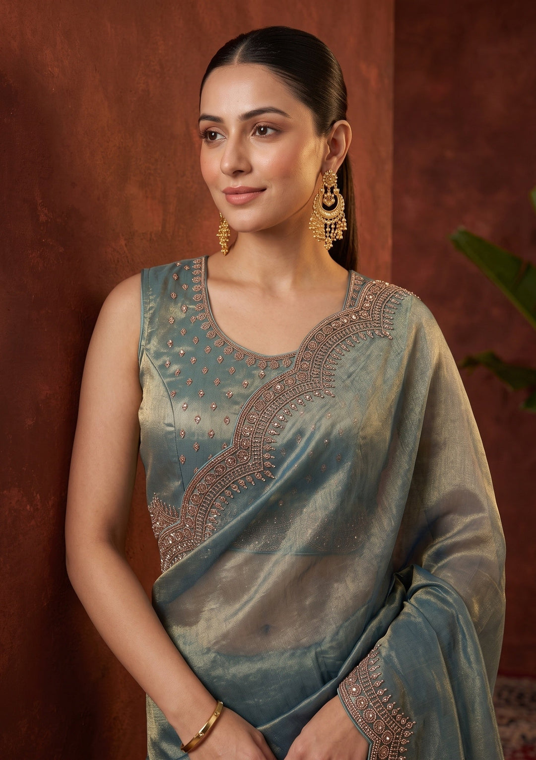 Light Grey Stonework (Gold) Tissue Saree