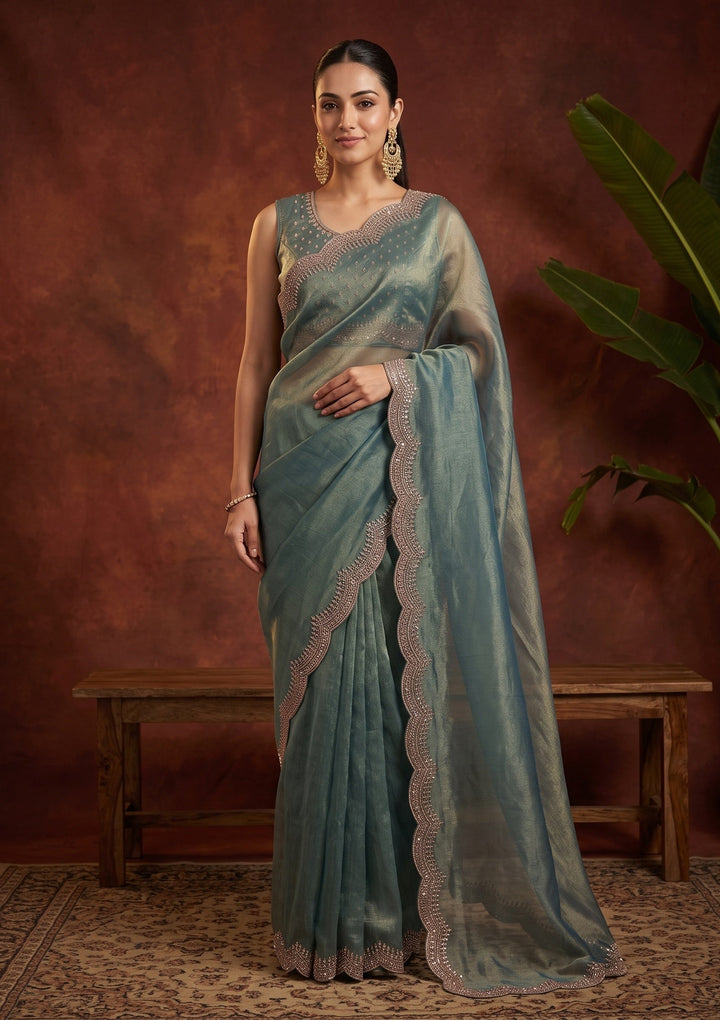 Light Grey Stonework (Gold) Tissue Saree