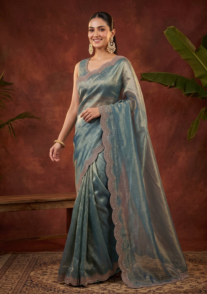 Light Grey Stonework (Gold) Tissue Saree