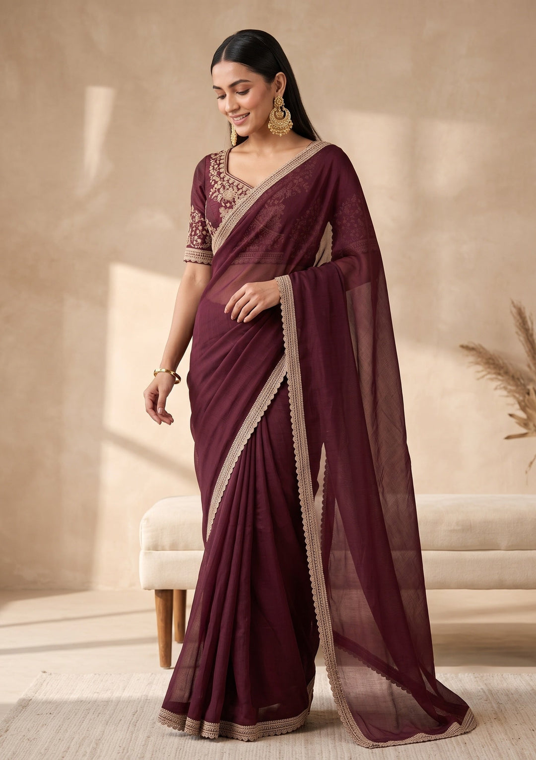 Wine Stonework (Gold) Tissue Saree