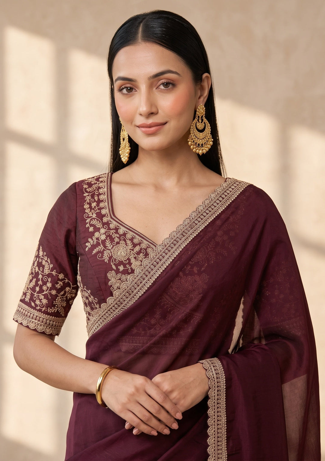 Wine Stonework (Gold) Tissue Saree
