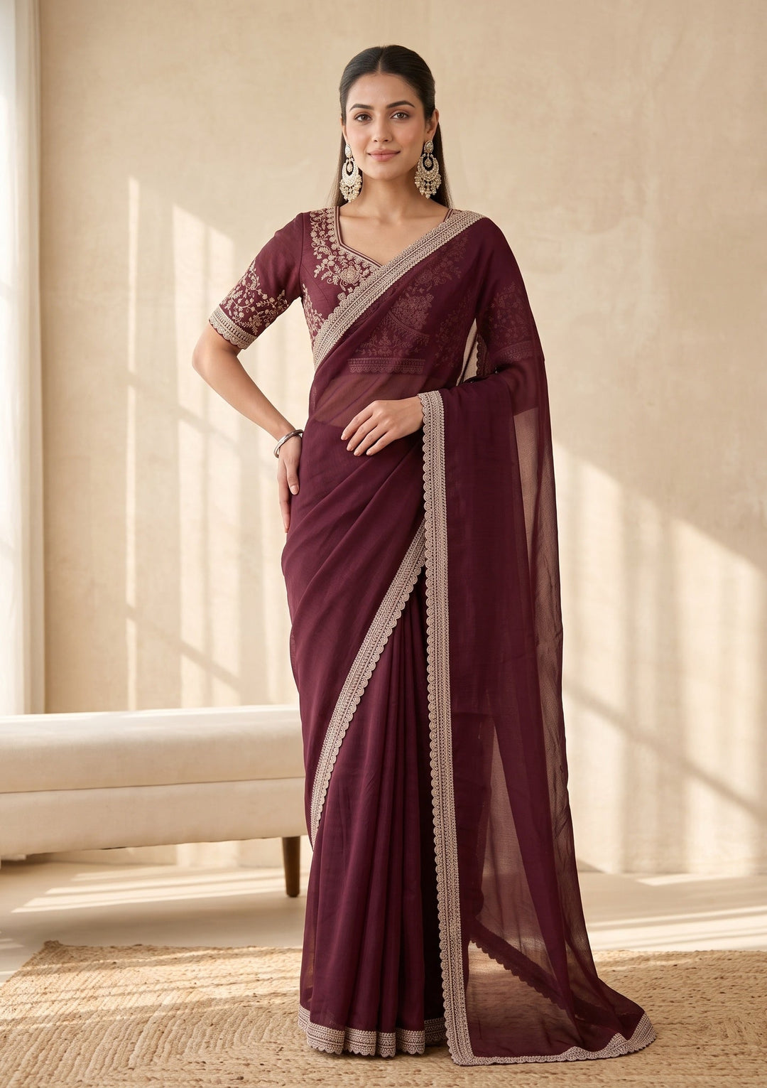 Wine Stonework (Gold) Tissue Saree