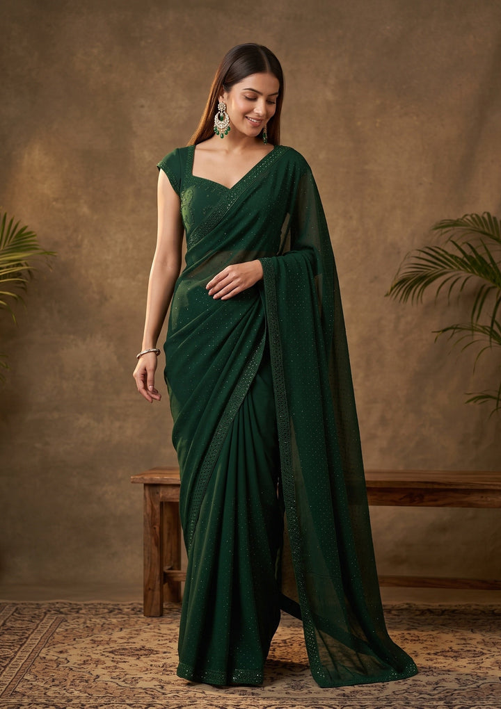 Bottle Green Swarovski Georgette Saree