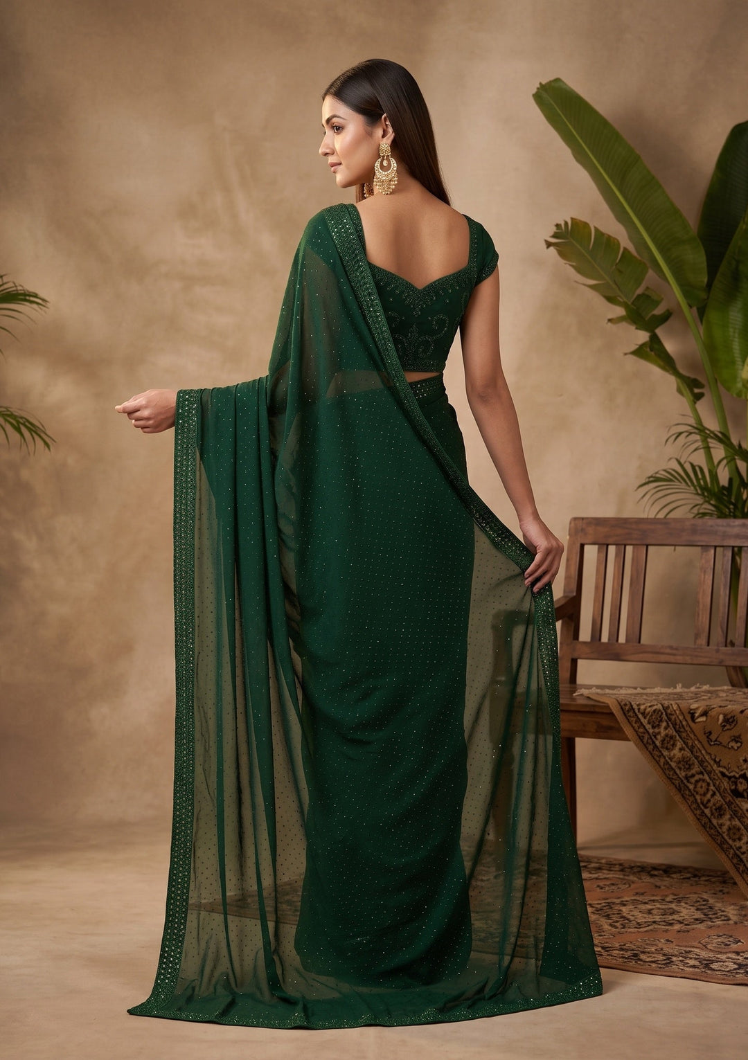 Bottle Green Swarovski Georgette Saree