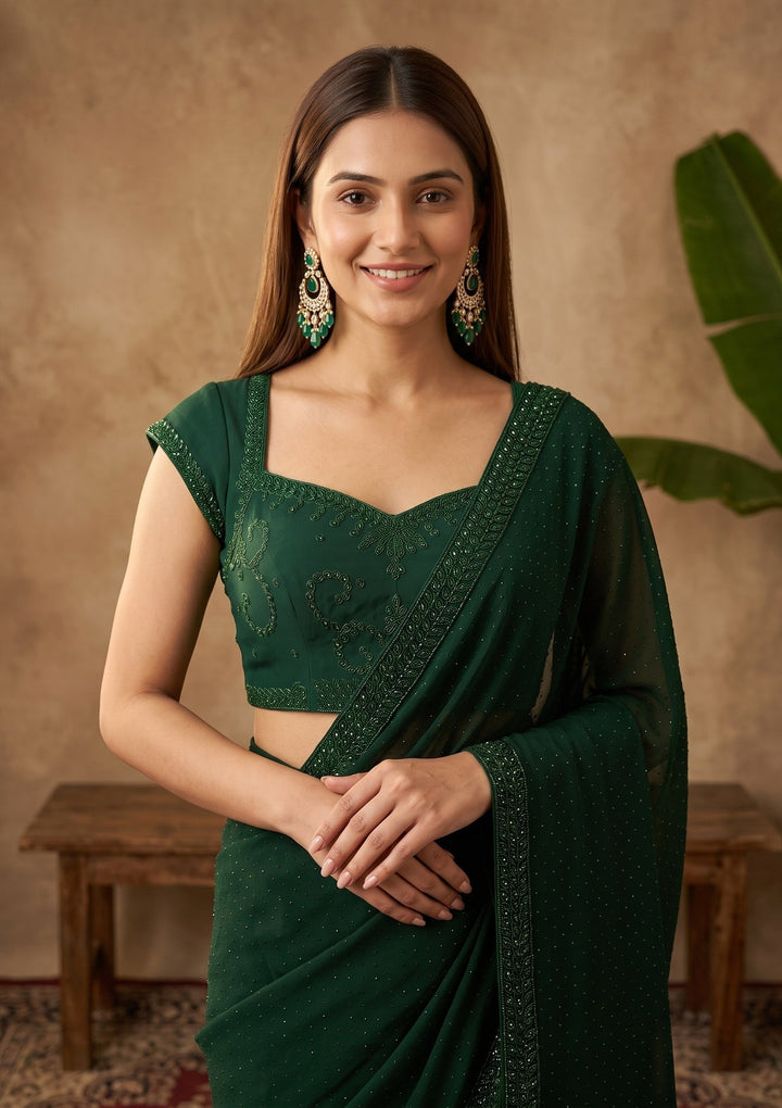 Bottle Green Swarovski Georgette Saree