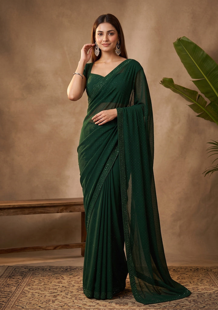 Bottle Green Swarovski Georgette Saree