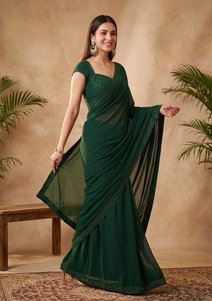 Bottle Green Swarovski Georgette Saree