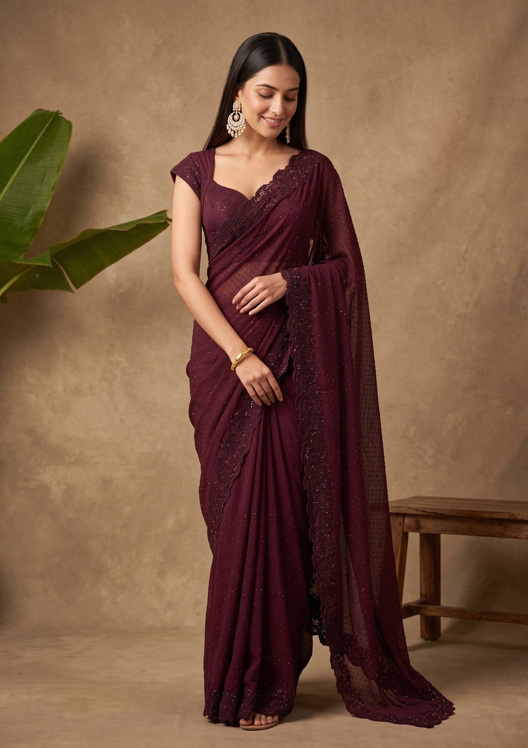 Wine Cutwork Tissue Saree