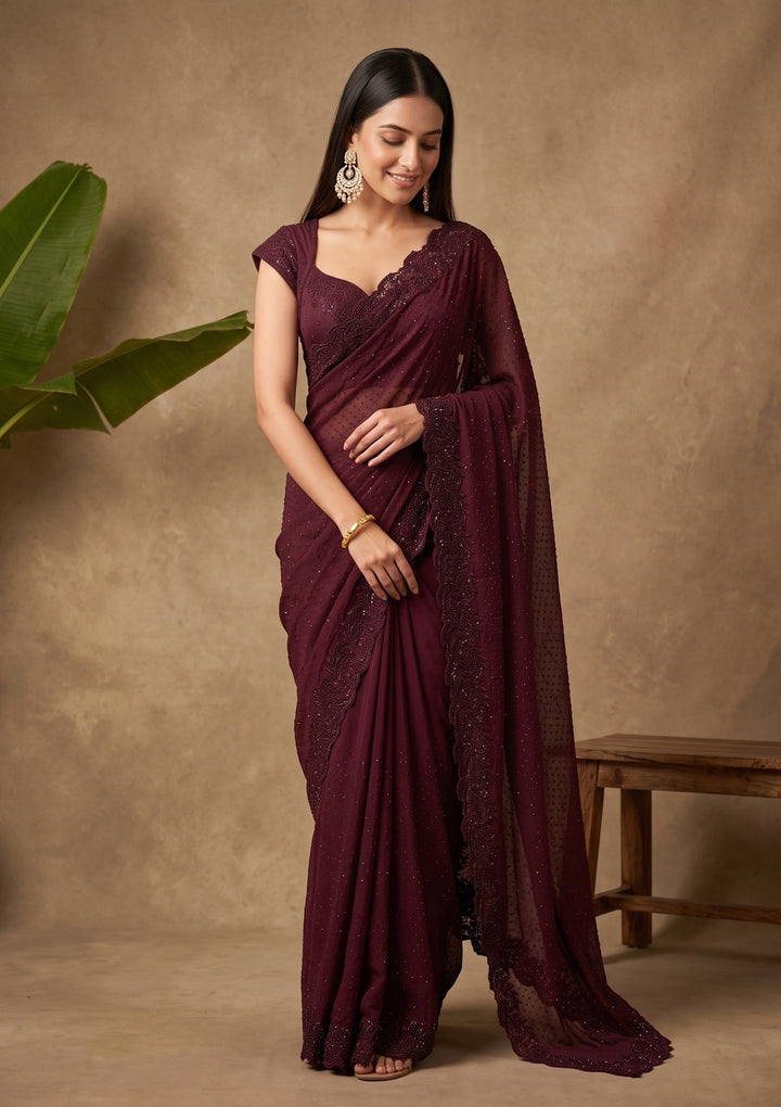 Wine Cutwork Tissue Saree