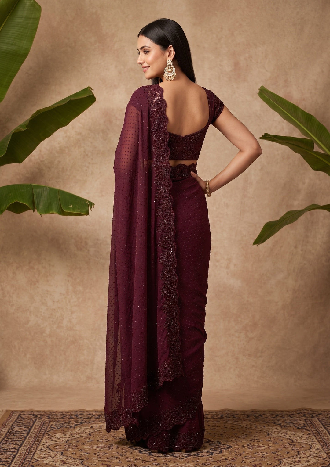 Wine Cutwork Tissue Saree