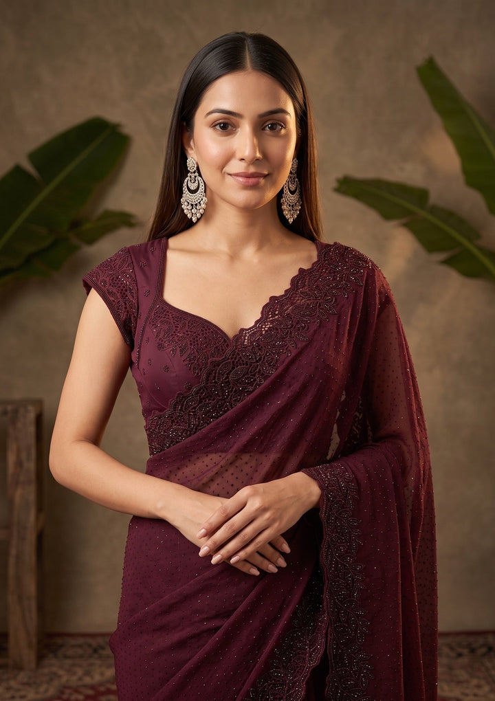 Wine Cutwork Tissue Saree