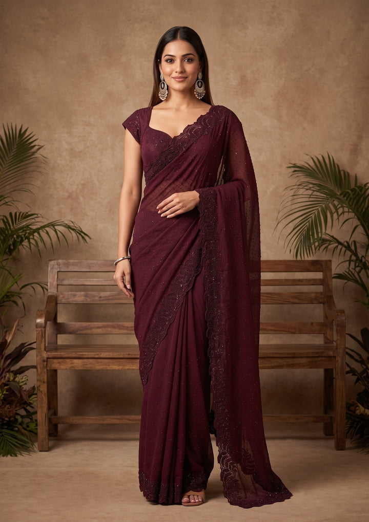 Wine Cutwork Tissue Saree