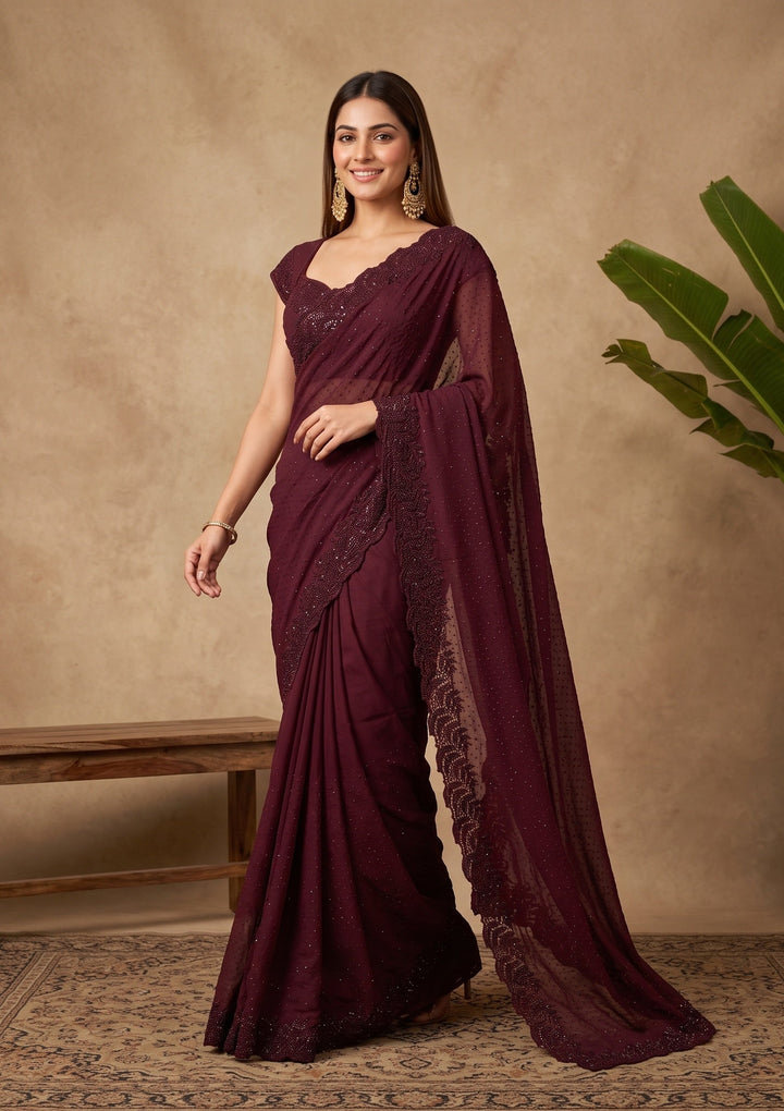 Wine Cutwork Tissue Saree