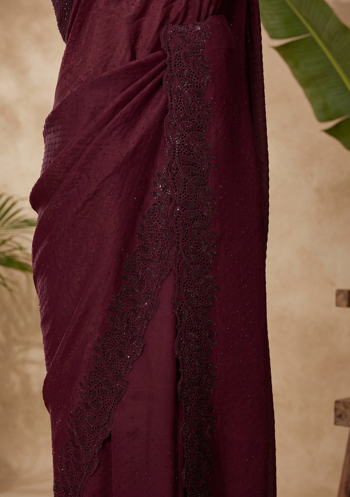 Wine Cutwork Tissue Saree