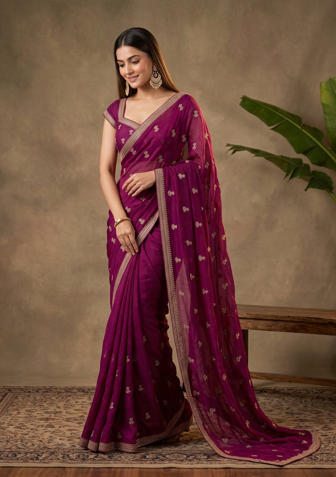 Wine Stonework (Gold) Tissue Saree