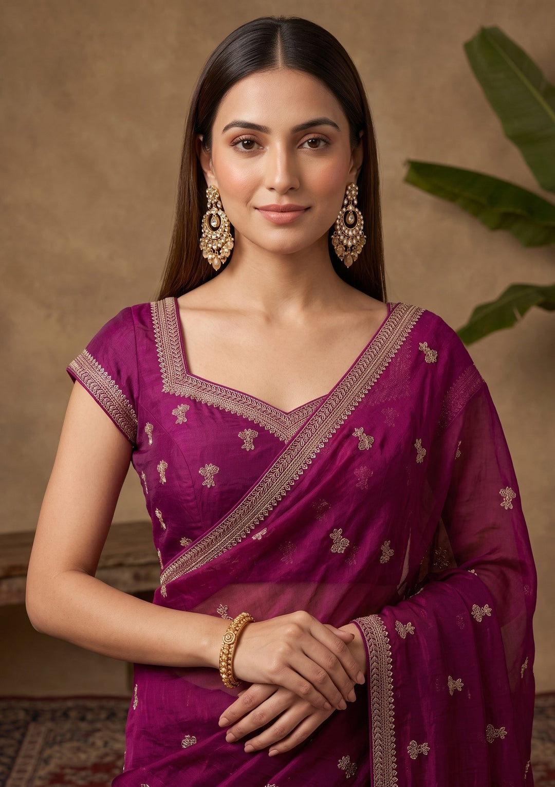 Wine Stonework (Gold) Tissue Saree