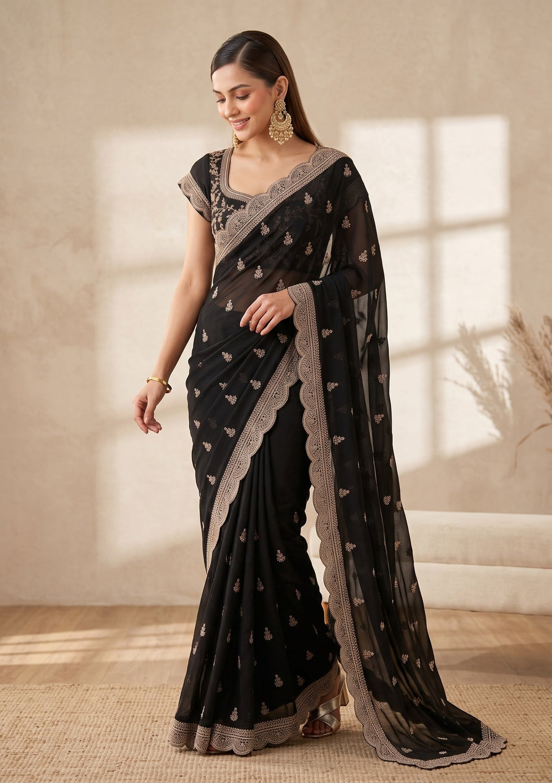 Black Stonework (Gold) Georgette Saree