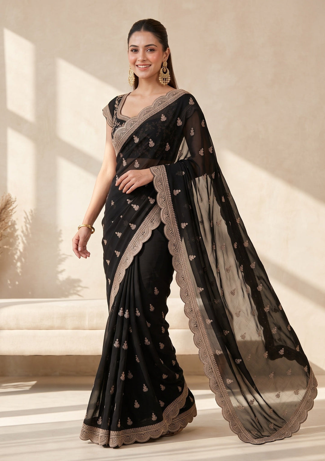 Black Stonework (Gold) Georgette Saree