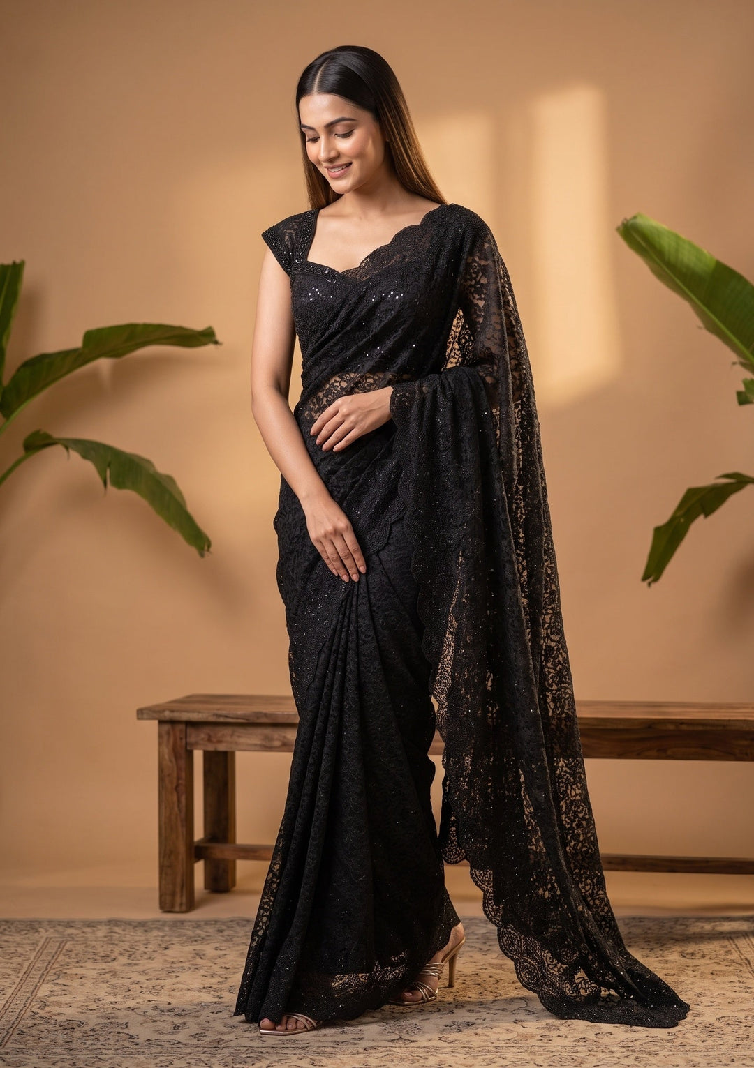 Black Swarovski Net Saree