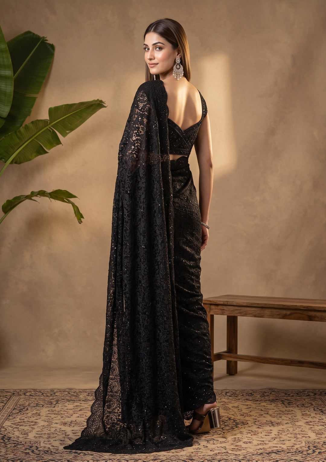 Black Swarovski Net Saree