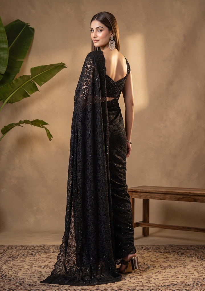 Black Swarovski Net Saree