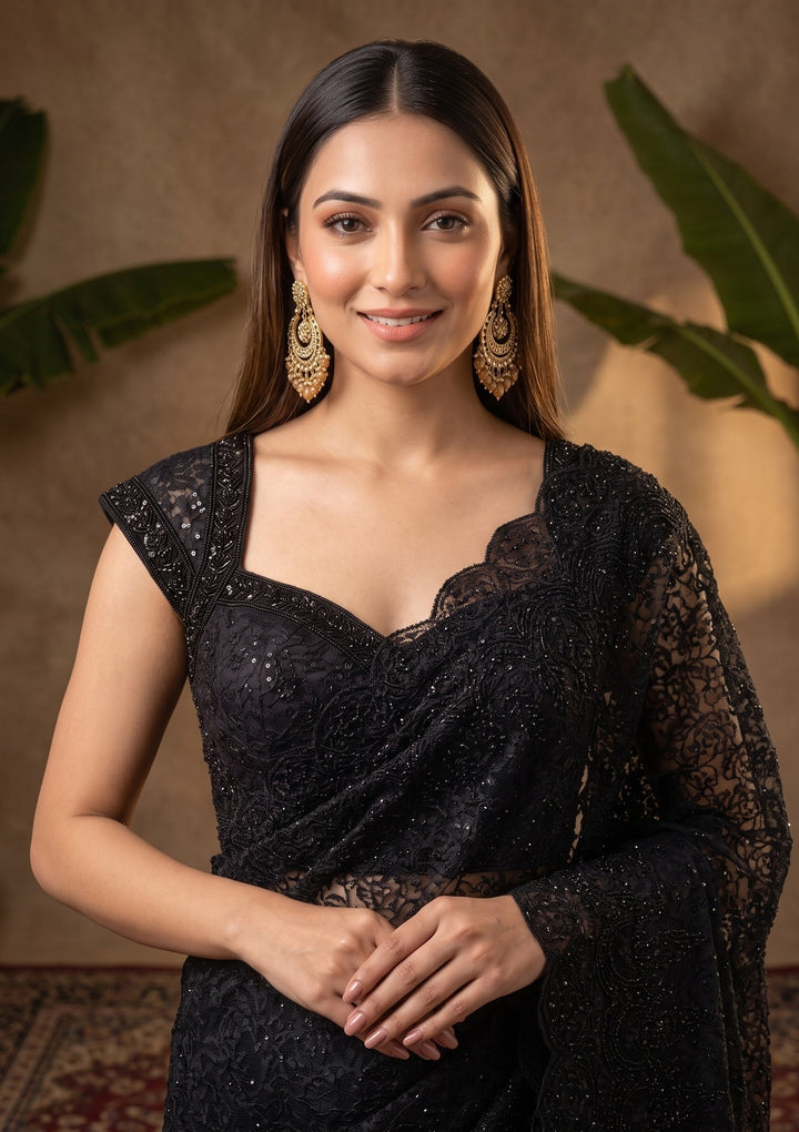 Black Swarovski Net Saree