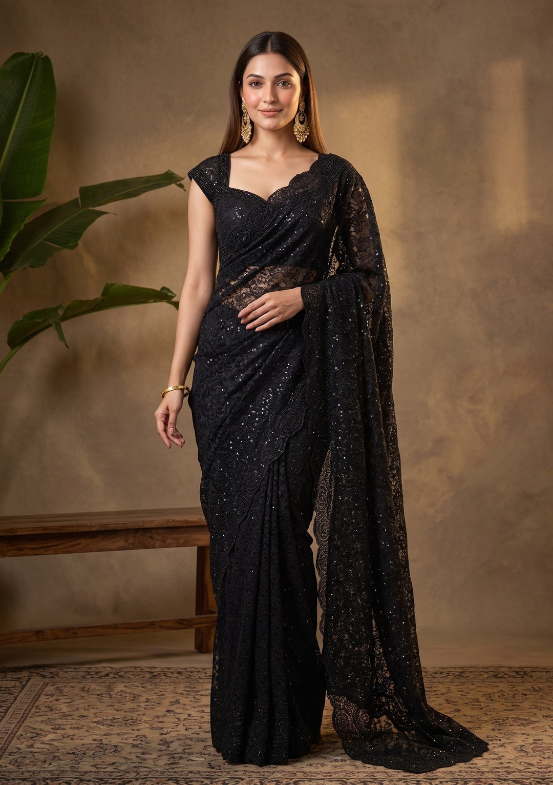 Black Swarovski Net Saree